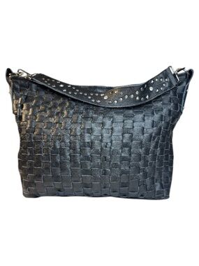 Karen Kalashnik Black Woven Leather Shoulder Bag Studded Strap Canadian Designer